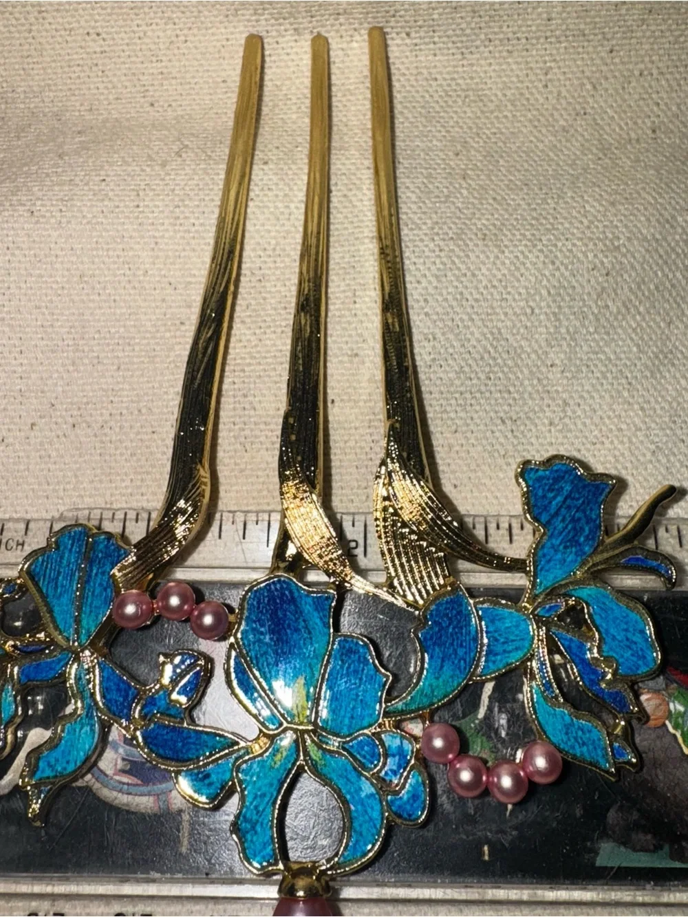 Elegant Blue & Green Enamel & Faux Pink Pearls Floral Gold Tone Metal Hair Fork